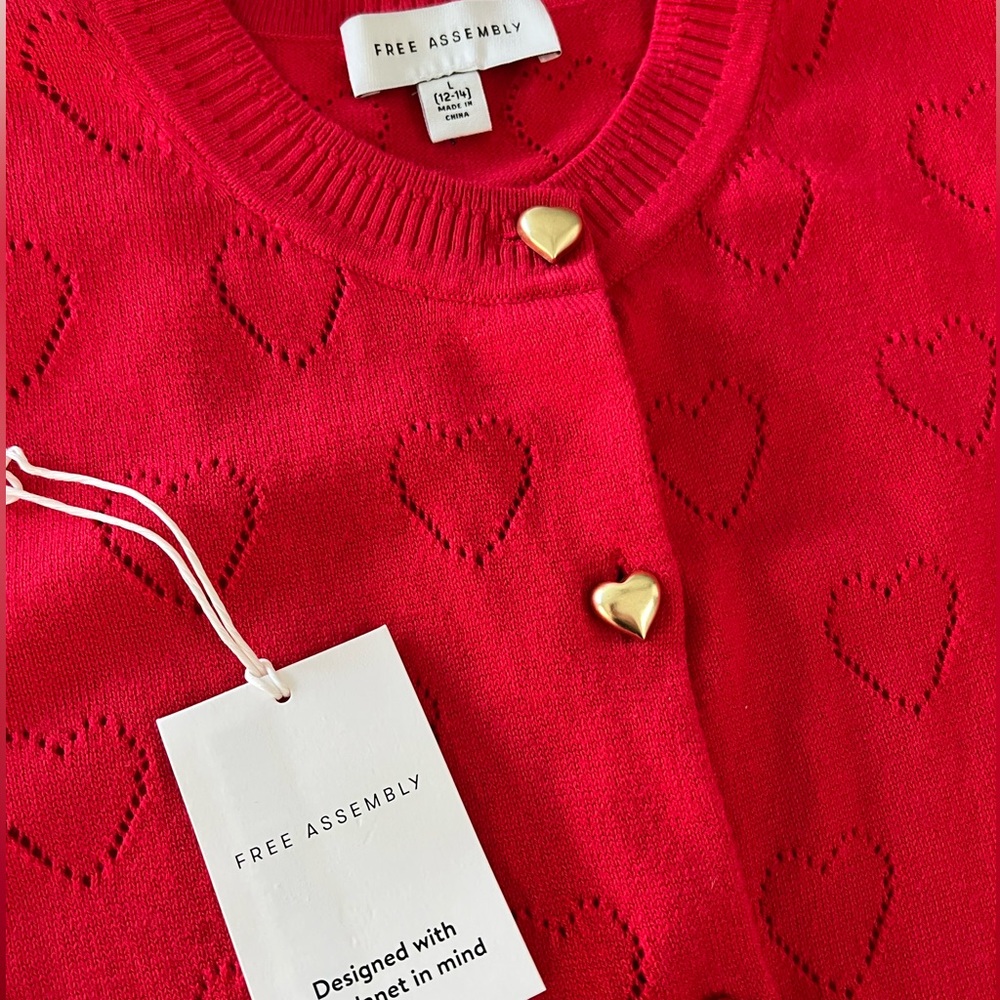 Free Assembly Red Heart With Gold Heart Buttons Women’s Cardigan Sweater L